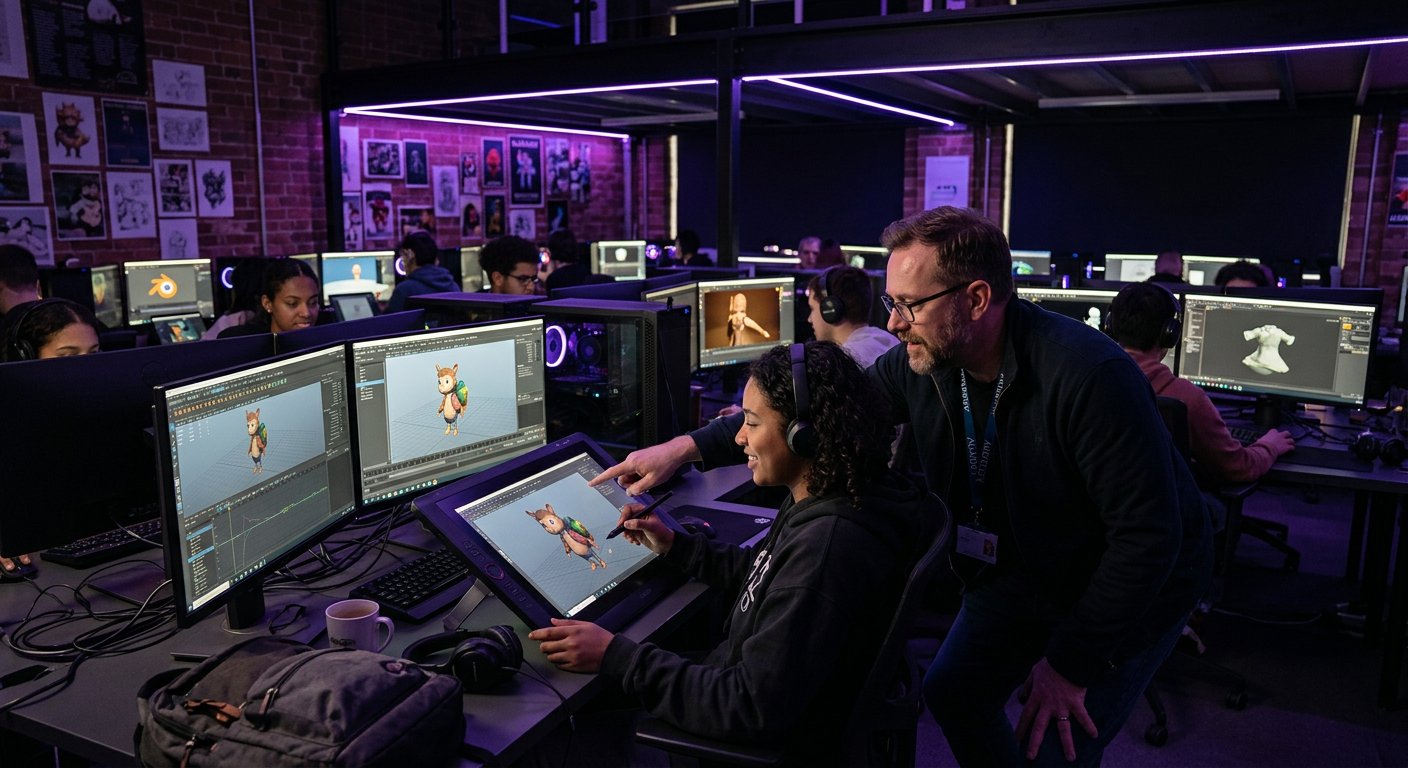 A mentor reviewing student work at the Atminas studio